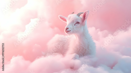 A serene baby goat sits peacefully among fluffy pink clouds, evoking a dreamy and whimsical atmosphere.