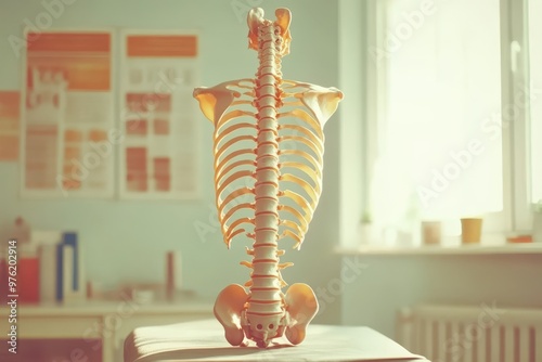 a model of a human skeleton is on a table photo