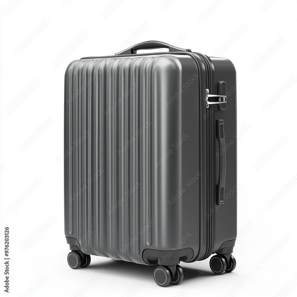 Minimalist hard-shell suitcase in metallic gray, side view, on a white background, modern travel essential. Minimalist hard-shell suitcase in metallic gray, side view, on a white background, modern travel essential.