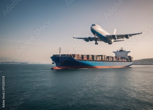 An airplane is flying high over a large container ship