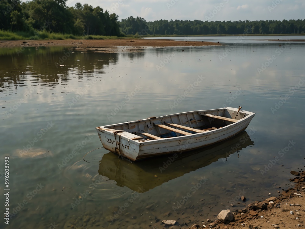 Small boat drifting on polluted shallow water. Small boat drifting on polluted shallow water.