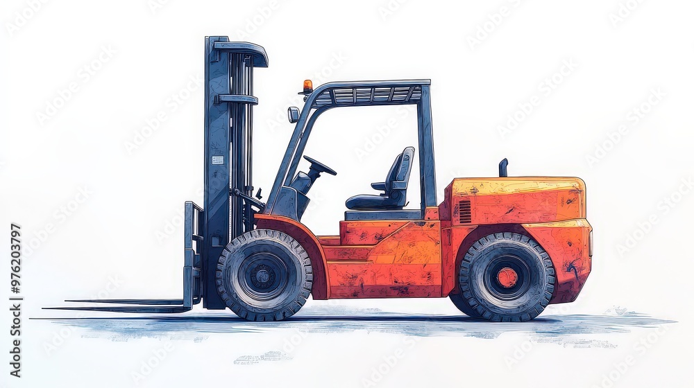Side view of weathered orange forklift, representing essential equipment for transporting heavy loads in industrial and warehouse settings. Side view of weathered orange forklift, representing essential equipment for transporting heavy loads in industrial and warehouse settings.