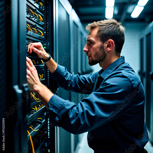 Experienced engineer working in server room, service engineer working with wires coming from big cabinet, emphasizing expertise required to maintain complex technological systems