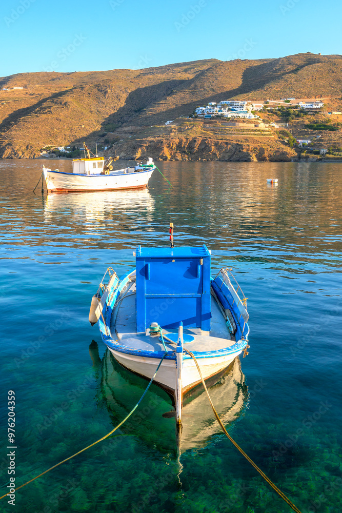 Boats moored in the port of Aegiali on Amorgos island. Cyclades, Greece