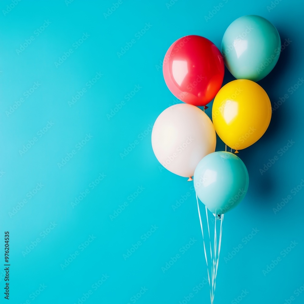 Colorful balloons floating in bright air against a blue background in a flat lay composition Colorful balloons floating in bright air against a blue background in a flat lay composition