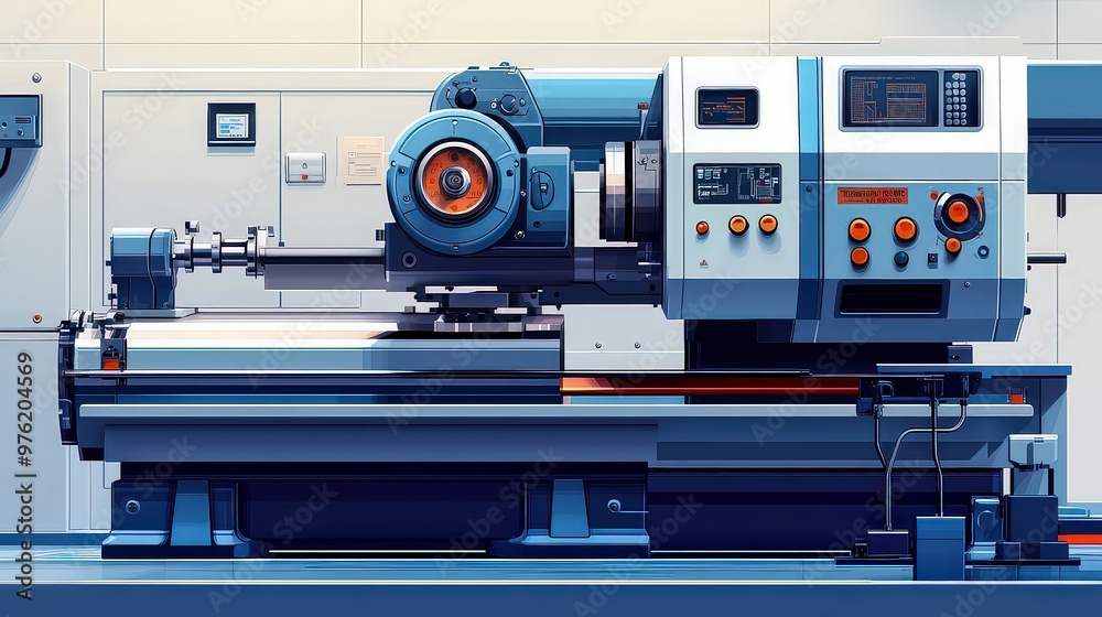 Heavy-duty industrial lathe machine with precise engineering, used for shaping metal parts in a high-tech manufacturing environment. Heavy-duty industrial lathe machine with precise engineering, used for shaping metal parts in a high-tech manufacturing environment.