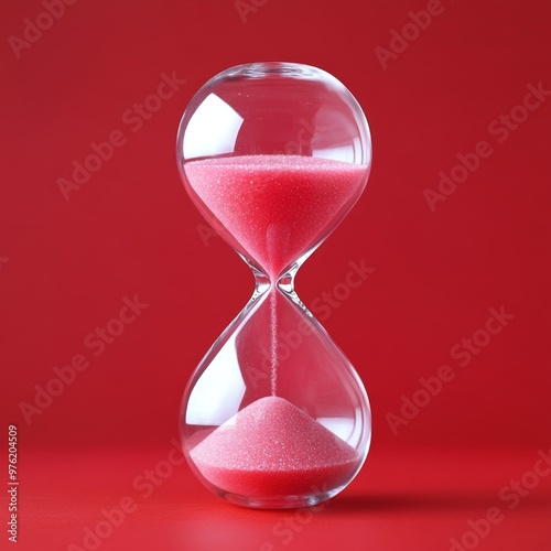 A close-up view of an hourglass filled with pink sand against a vibrant red background