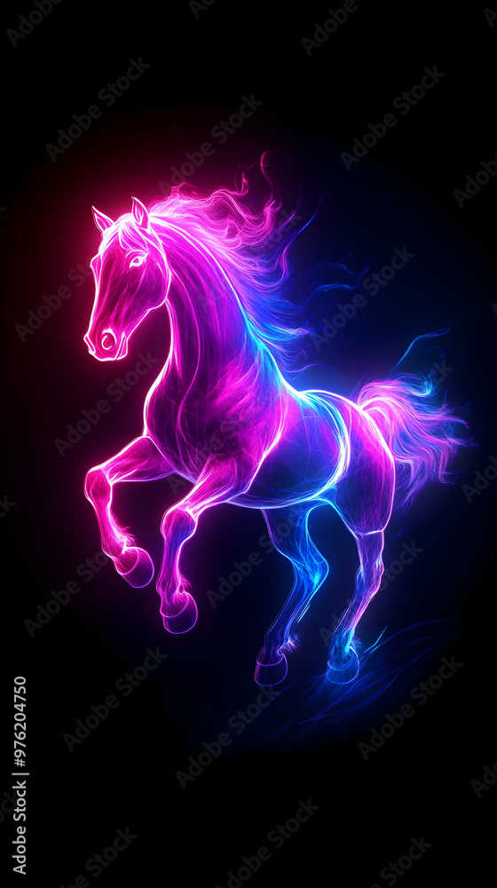 A stunning, vibrant unicorn illuminated in glowing pink and blue hues, embodying magic and fantasy in a dark background. A stunning, vibrant unicorn illuminated in glowing pink and blue hues, embodying magic and fantasy in a dark background.