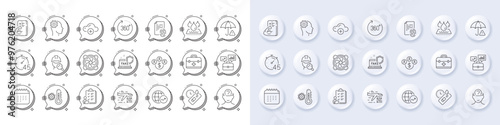 First aid, Fingerprint and Inspect line icons. White pin 3d buttons, chat bubbles icons. Pack of Thermometer, Timer, Calendar icon. Covid test, Risk management, Buying currency pictogram. Vector