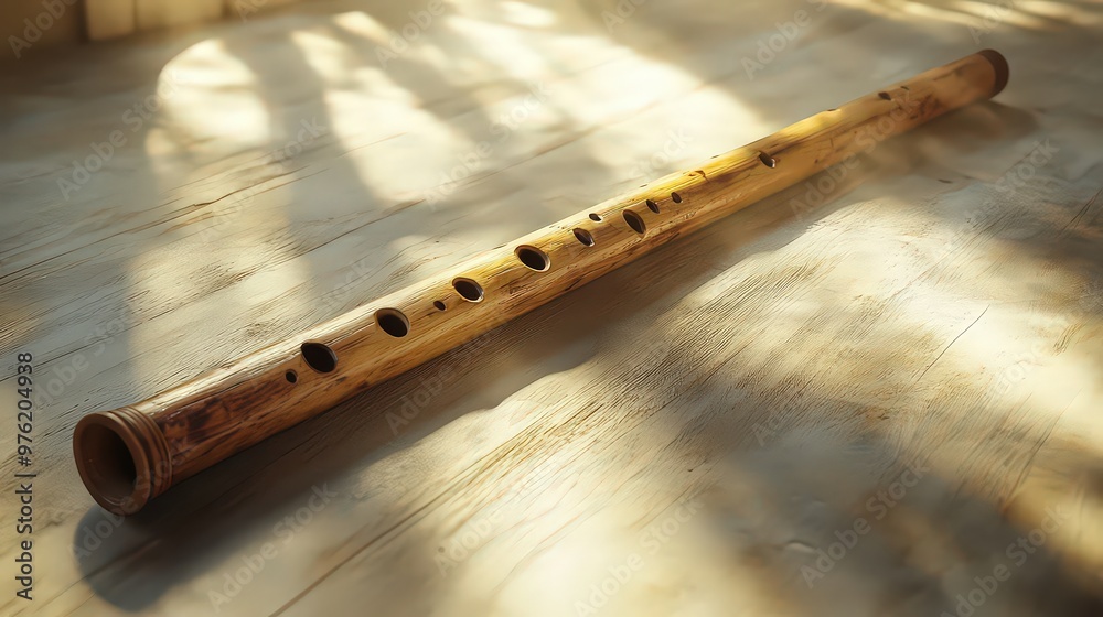 Fototapeta premium Traditional wooden flute lying on sunlit floor, its craftsmanship and simplicity reflecting cultural significance and connection to nature through music.