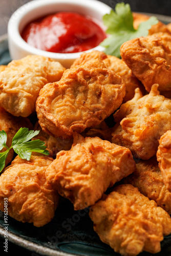 Homemade crispy fried chicken nuggets served with ketchup