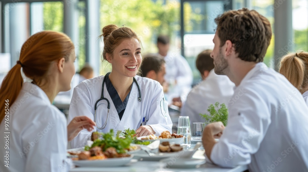 Medical students enjoying lunch together at a healthcare conference