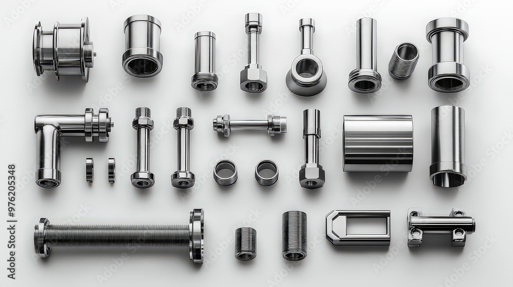 Shiny, sleek industrial parts neatly arranged display high-quality metalwork, precision engineering, and advanced manufacturing technology. Shiny, sleek industrial parts neatly arranged display high-quality metalwork, precision engineering, and advanced manufacturing technology.