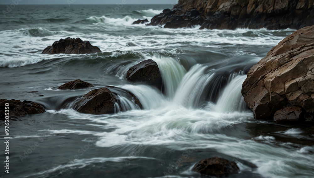 Smooth rock with water pouring over it—rough waters. Smooth rock with water pouring over it—rough waters.