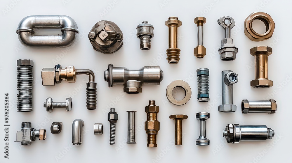 Various metal bolts, nuts, and fittings organized neatly. Different shapes, sizes, and materials show diversity in industrial components. Precision and engineering dominate the design. Various metal bolts, nuts, and fittings organized neatly. Different shapes, sizes, and materials show diversity in industrial components. Precision and engineering dominate the design.