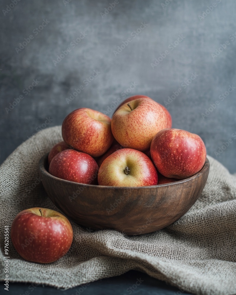 A rustic bowl of fresh apples arranged beautifully on a burlap cloth against a moody backdrop A rustic bowl of fresh apples arranged beautifully on a burlap cloth against a moody backdrop