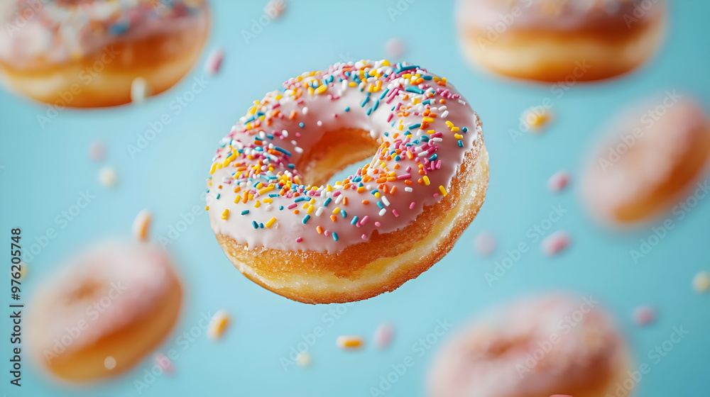 A colorful donut with sprinkles floating against a vibrant blue background, perfect for sweet treats and dessert themes. A colorful donut with sprinkles floating against a vibrant blue background, perfect for sweet treats and dessert themes.