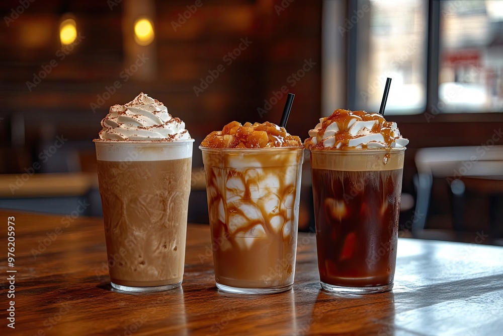 Three iced coffee drinks with whipped cream. Perfect for showcasing coffee shop menu items and promotions. Three iced coffee drinks with whipped cream. Perfect for showcasing coffee shop menu items and promotions.