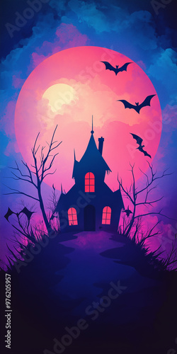 Haunted house illustration with flying bats, perfect for a verticalHalloween backdrop 