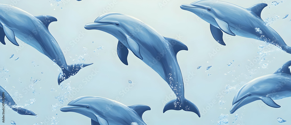 A serene underwater scene featuring a group of dolphins swimming gracefully in clear blue waters. A serene underwater scene featuring a group of dolphins swimming gracefully in clear blue waters.