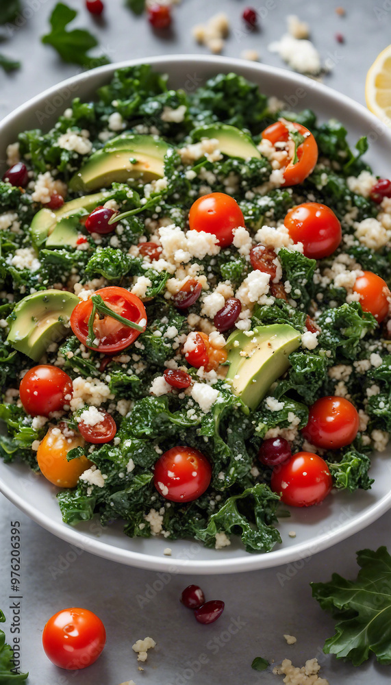 A fresh kale salad with avocado slices, cherry tomatoes, pomegranate seeds, and crumbled cheese in a white bowl.
A fresh kale salad with avocado slices, cherry tomatoes, pomegranate seeds, and crumbled cheese in a white bowl.