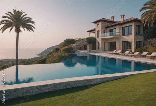 A beautiful white house with a refreshing pool in front