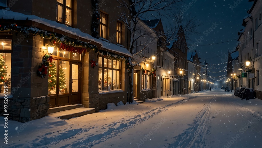 Snowy illuminated street in winter with a Christmas atmosphere. Snowy illuminated street in winter with a Christmas atmosphere.