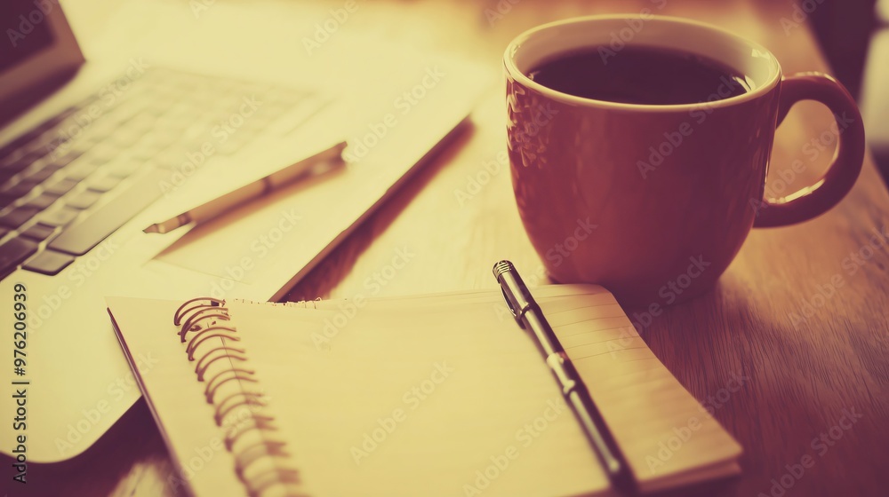 Coffee break with open notebook and laptop on desk Coffee break with open notebook and laptop on desk