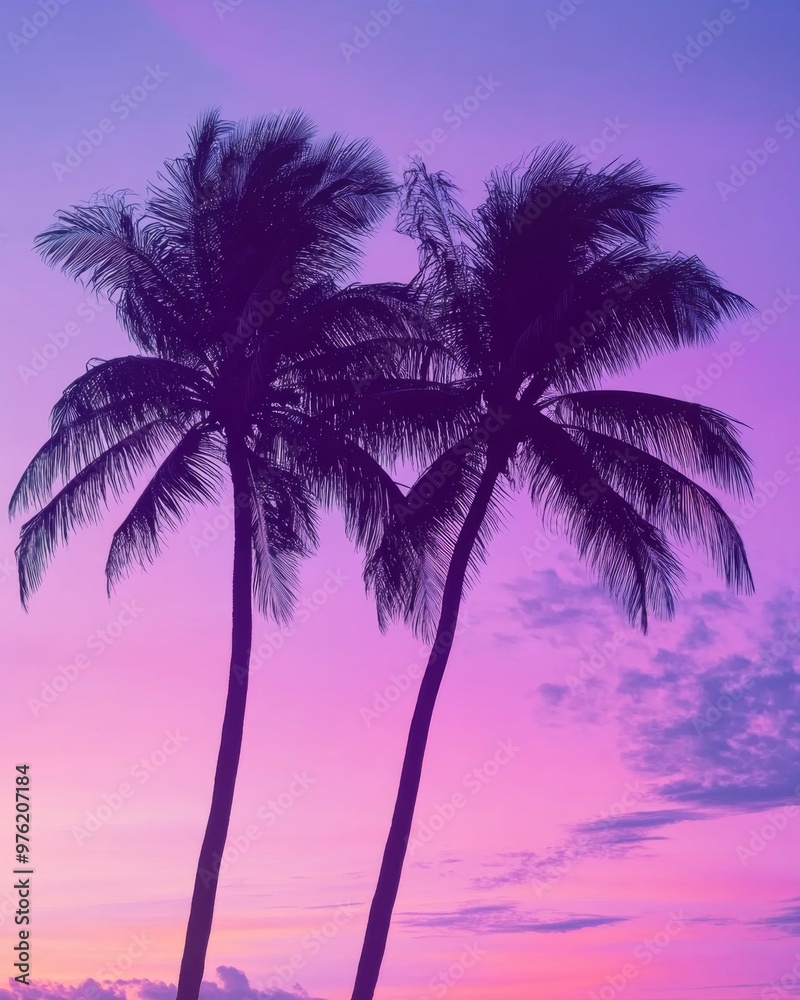 Silhouette of two coconut palm trees at sunset against a pastel purple and pink sky Silhouette of two coconut palm trees at sunset against a pastel purple and pink sky