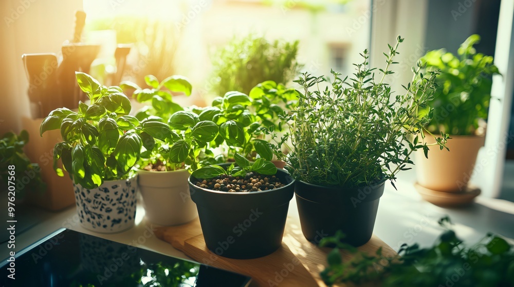 Fresh herbs growing in pots on sunny windowsill Fresh herbs growing in pots on sunny windowsill