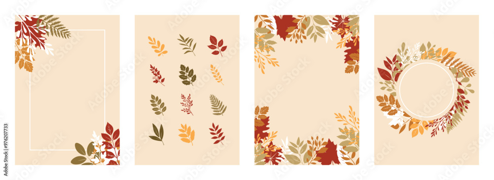 Autumn vertical banners with failing dry colorful leaves on beige backgrounds with empty copy space. Social media post, web advertisement, greeting card. Autumn season special offer vertical promotion Autumn vertical banners with failing dry colorful leaves on beige backgrounds with empty copy space. Social media post, web advertisement, greeting card. Autumn season special offer vertical promotion