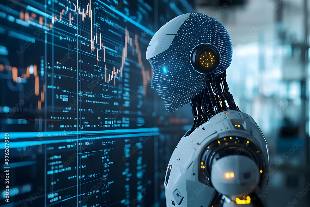 Futuristic robot analyzing digital data on screens, representing technology, artificial intelligence, and innovation. Futuristic robot analyzing digital data on screens, representing technology, artificial intelligence, and innovation.