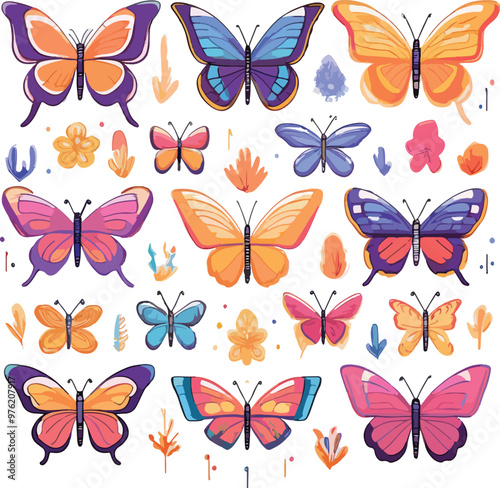 A collection group of colorful butterflies with different colors white background vector illustration