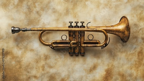  Vintage brass trumpet displayed against rustic background, representing musical craftsmanship, history, and the timeless art of sound.