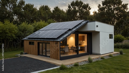 Solar-powered home with storage unit.