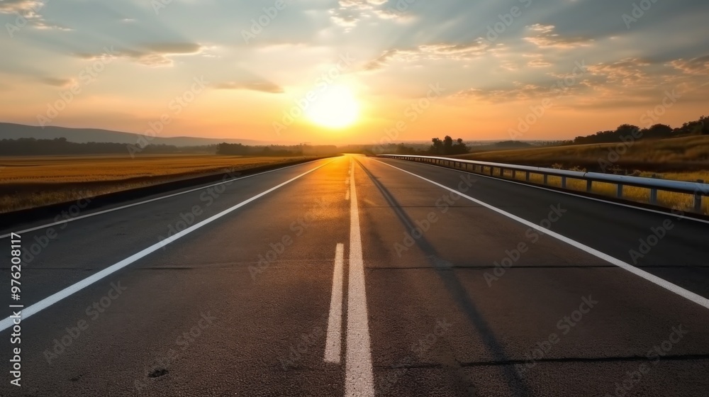 Morning view of a black asphalt road with clear white dividing lines and early sunlight Morning view of a black asphalt road with clear white dividing lines and early sunlight