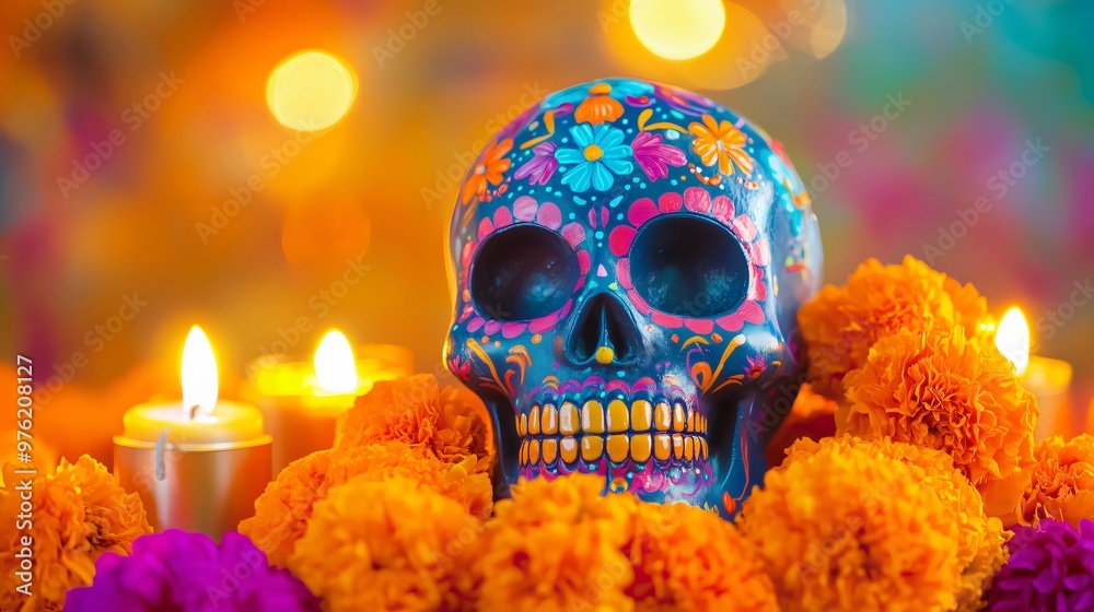 Sugar skull surrounded by cempasuchil flowers and lit candles for day of the dead celebration Sugar skull surrounded by cempasuchil flowers and lit candles for day of the dead celebration