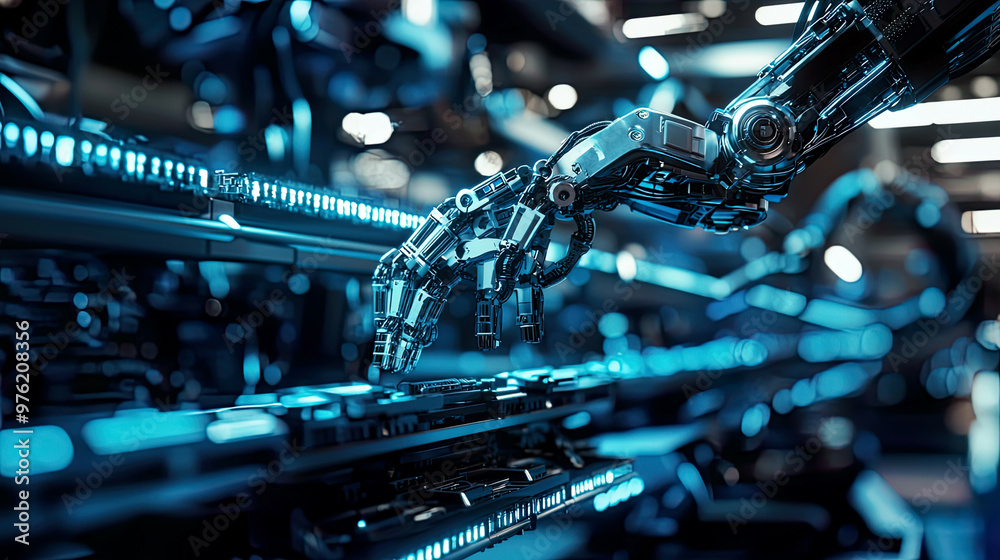 Cinematic shot of a robotic arm in motion on an electronic assembly line, advanced machinery in a smart modern factory, glowing blue lights, ultra-realistic, intricate details Cinematic shot of a robotic arm in motion on an electronic assembly line, advanced machinery in a smart modern factory, glowing blue lights, ultra-realistic, intricate details