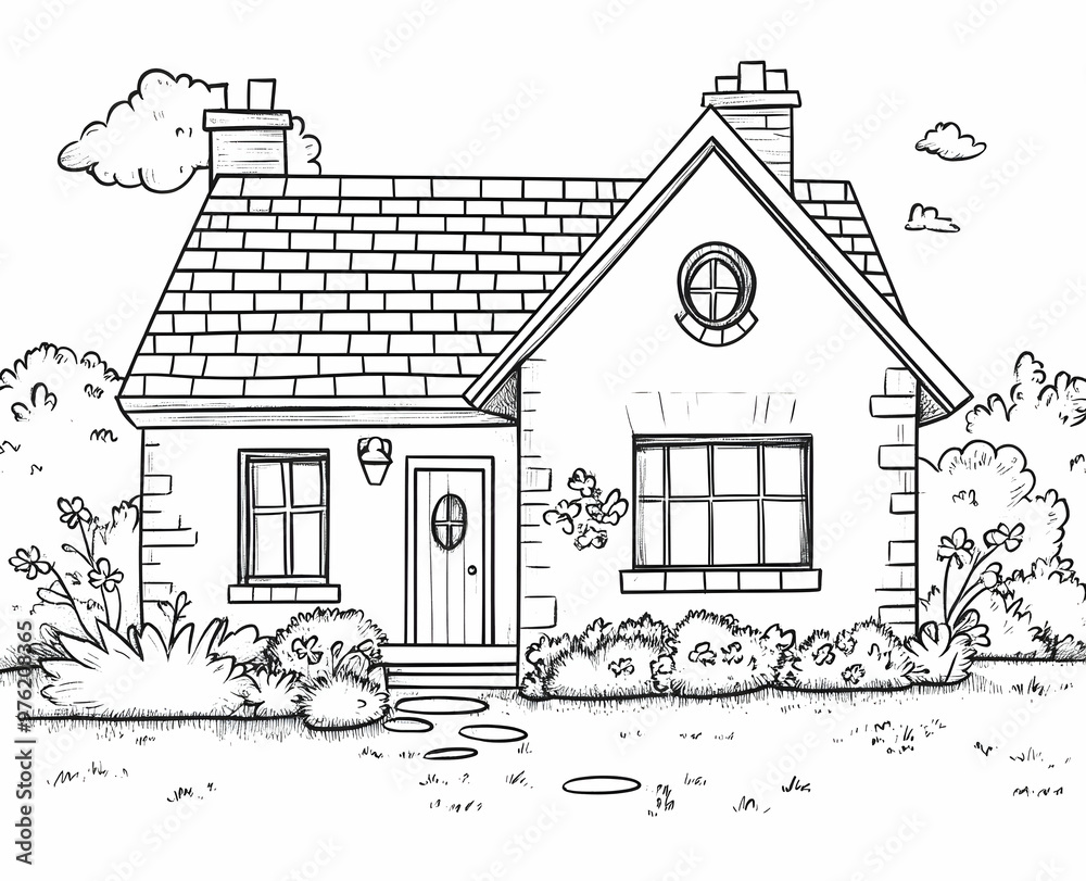 A delightful line art illustration of a charming cottage surrounded by greenery, perfect for coloring or artistic inspiration. A delightful line art illustration of a charming cottage surrounded by greenery, perfect for coloring or artistic inspiration.