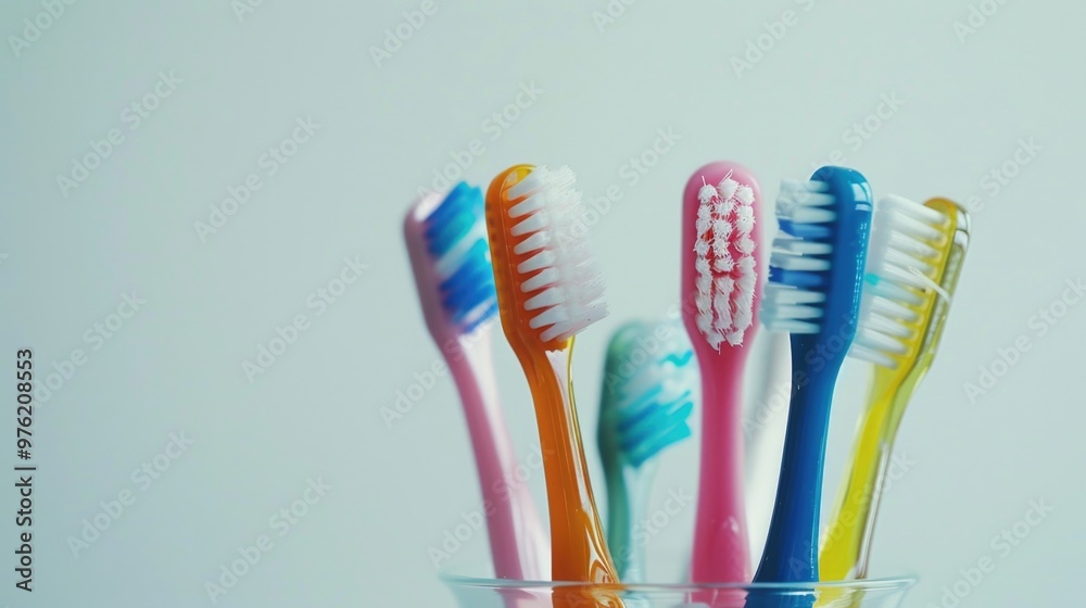 A collection of toothbrushes arranged neatly in a cup, ideal for illustrations and designs related to oral care, hygiene, or bathroom scenes