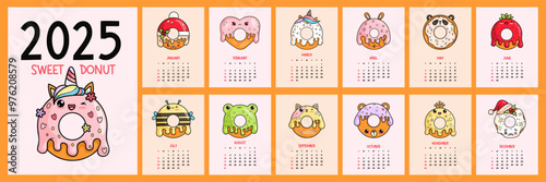 Cute sweet donut calendar 2025. Funny cartoon kawaii character mascot delicious pastries. Vertical printable planner organizer. Cover and 12 month pages English. Week from Sunday. Vector illustration.