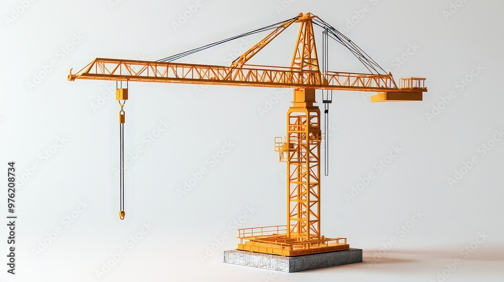 Detailed model of a construction crane with visible moving parts and a strong frame, displayed against a white backdrop, highlighting its design and functionality in lifting heavy materials. Detailed model of a construction crane with visible moving parts and a strong frame, displayed against a white backdrop, highlighting its design and functionality in lifting heavy materials.
