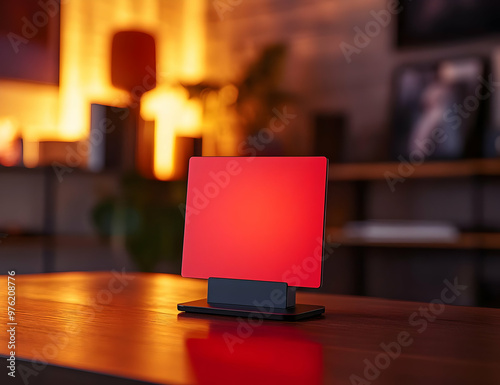 A modern red lamp on a wooden table, creating a warm ambiance in a stylish living space filled with artistic decor.