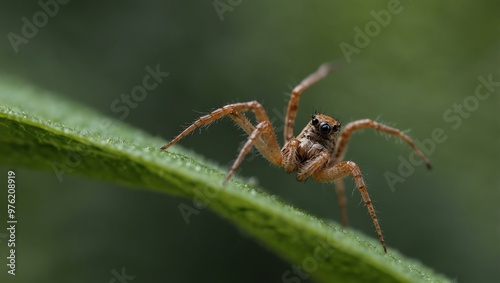 Spider with green leaf background.