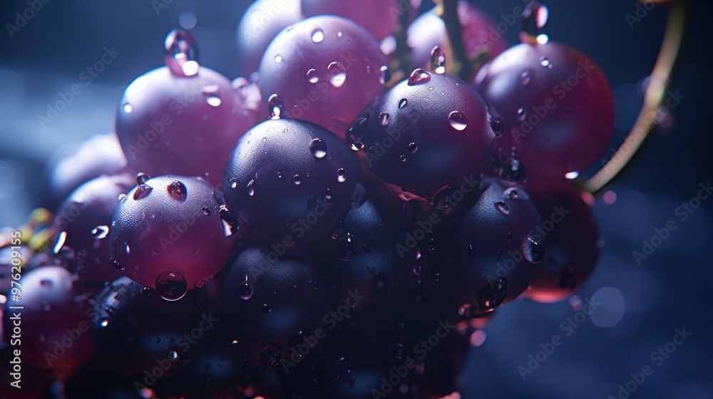 Purple grapes close-up in water droplets. Grape berries in selective focus. Neural network ai generated art Purple grapes close-up in water droplets. Grape berries in selective focus. Neural network ai generated art