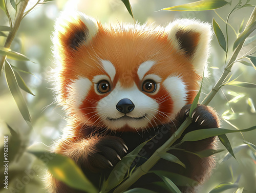 A cute red panda perched on bamboo, showcasing its playful personality in a lush forest environment. photo