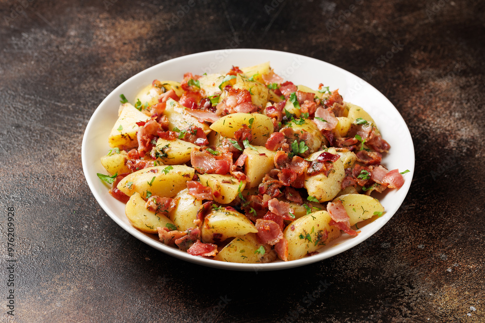 German Potato Salad with bacon and herbs in a white plate German Potato Salad with bacon and herbs in a white plate