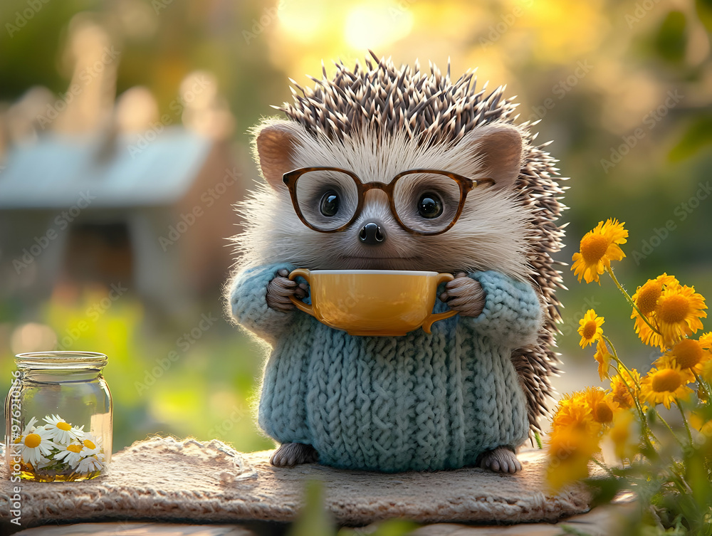 A cute hedgehog wearing glasses enjoys a warm drink in a cozy garden setting, surrounded by flowers and sunshine. A cute hedgehog wearing glasses enjoys a warm drink in a cozy garden setting, surrounded by flowers and sunshine.