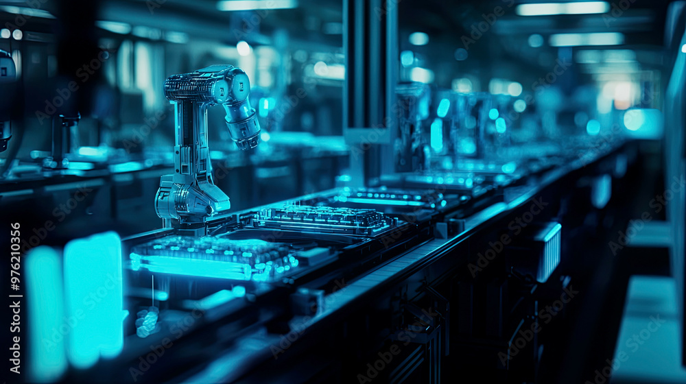 Cinematic view of futuristic robotics factory, glowing blue lighting, sharp focus