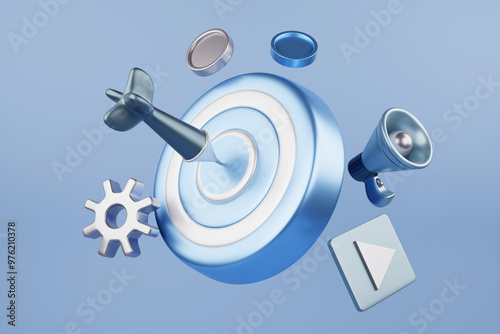 Schilderij op canvas 3D rendering of target with arrow pointing to center, coin on top, gear on side and speaker for broadcasting business concept information